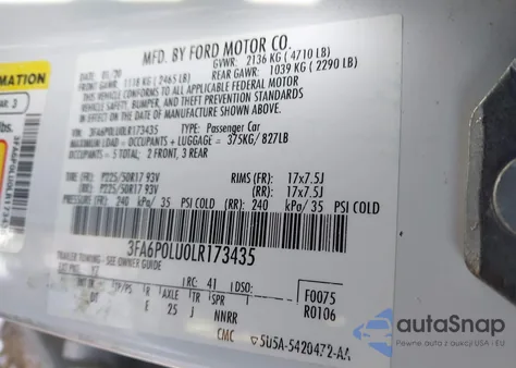 2020 Ford Fusion Hybrid Se из США, поврежденный, VIN 3FA6P0LU0LR173435